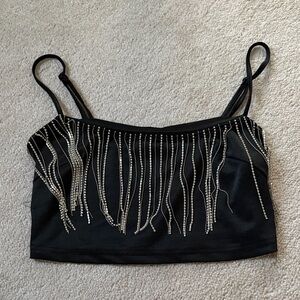 SHEIN Black Crop Top with Silver Rhinestone Fringe